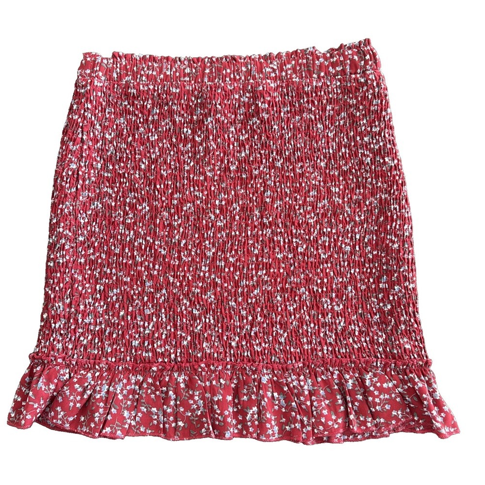 Blush J Smocked Mini Skirt Floral Ruffle Hem Boho Red Women Size L